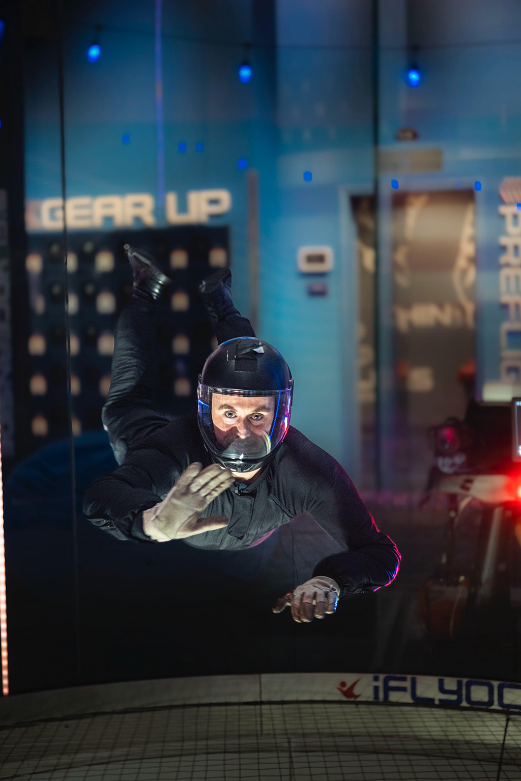 RAF Falcons team members practice their display moves and other other aspects of freefall in the wind tunnel.